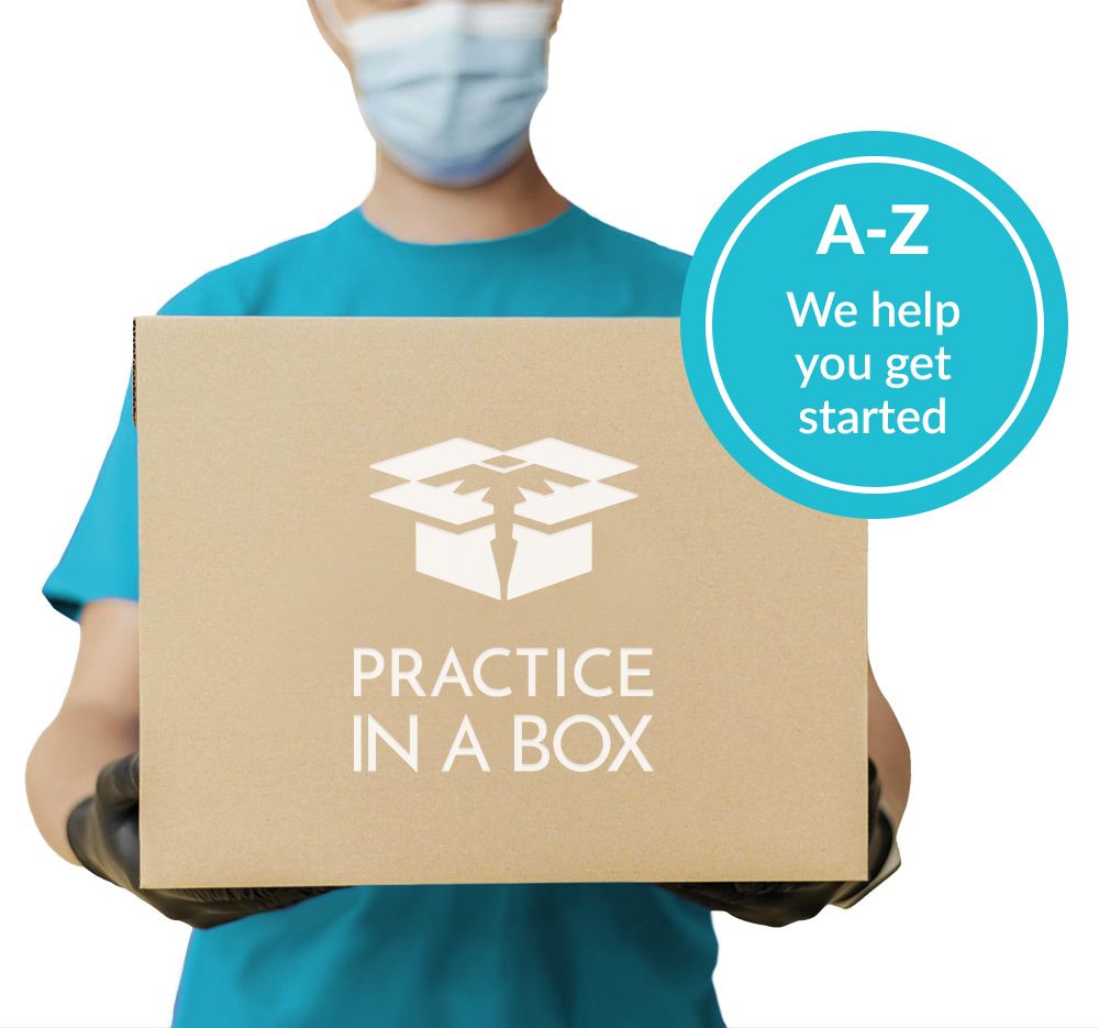 A medical professional holding a cardboard box printed with the Practice in a Box logo